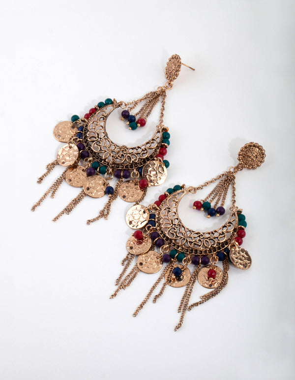 Worn Gold Filigree Bead & Disc Tassel Drop Earrings