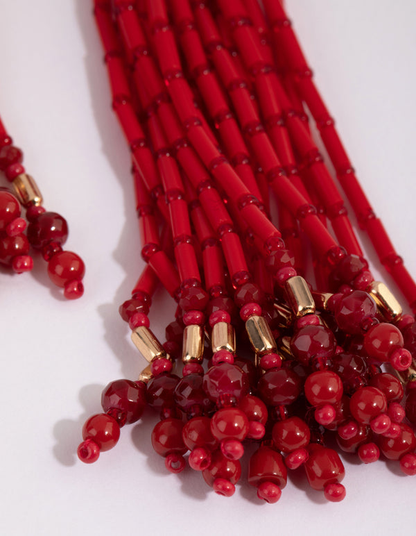 Red Buggle Bead Tassel Drop Earrings