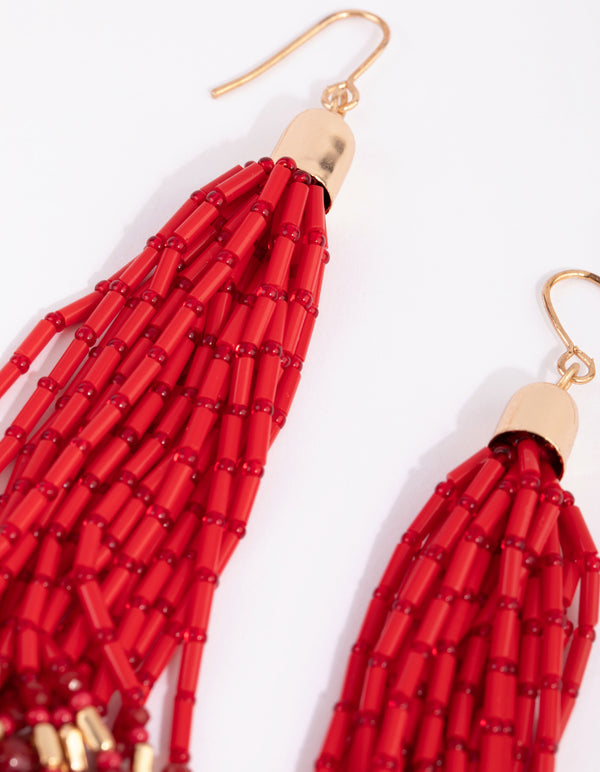 Red Buggle Bead Tassel Drop Earrings