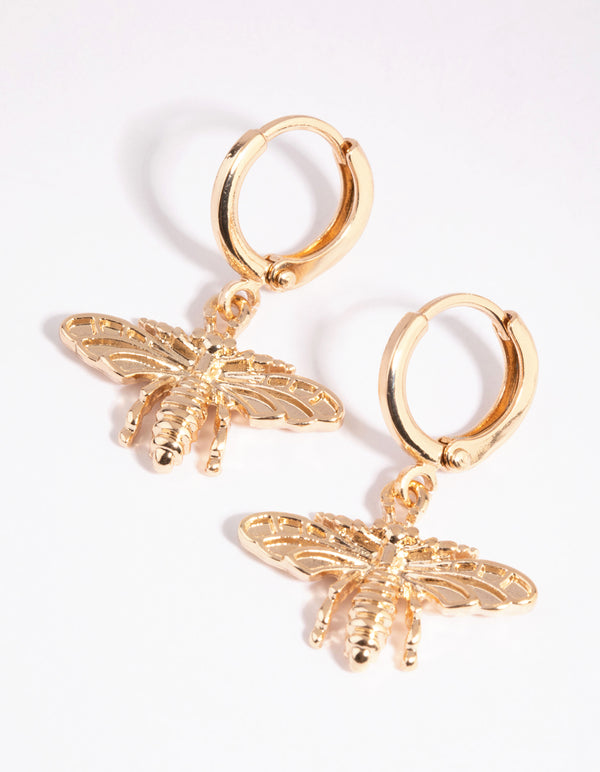 Gold Bee Pendant Huggie Hoop Earrings