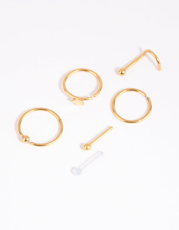 Gold Surgical Steel Mixed Star Nose Stud & Ring 6-Pack