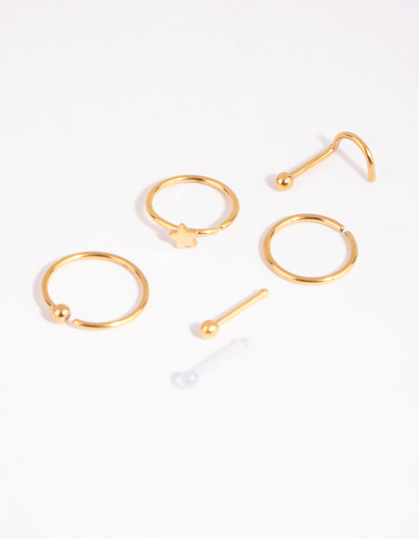 Gold Surgical Steel Mixed Star Nose Stud & Ring 6-Pack