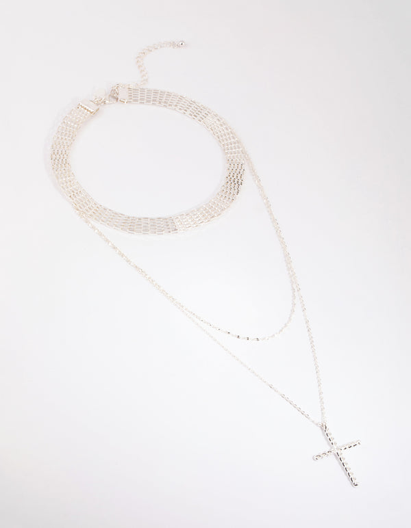 Silver Mesh & Cross Necklace
