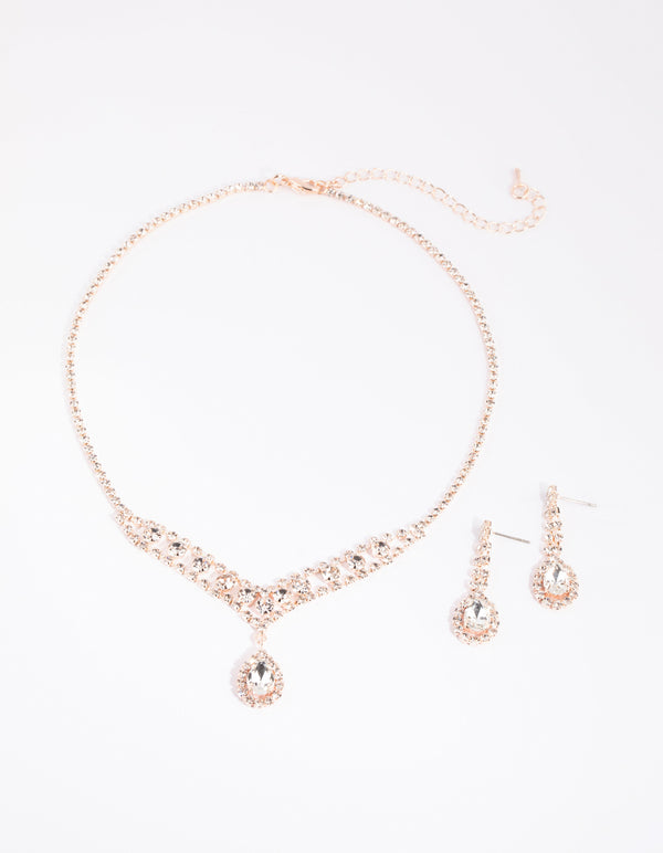 Rose Gold Diamante Necklace & Earrings Set