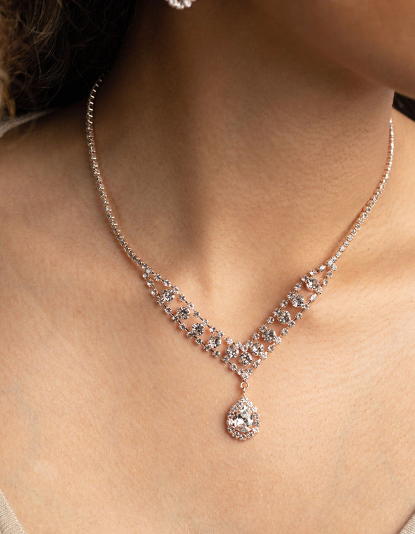 Rose Gold Diamante Necklace & Earrings Set