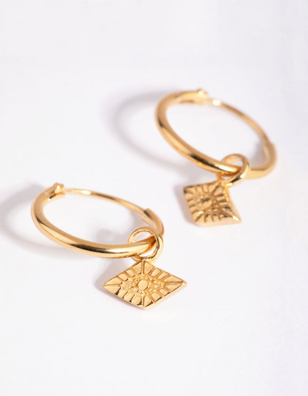Gold Plated Sterling Silver Embossed Charm Hoop Earrings