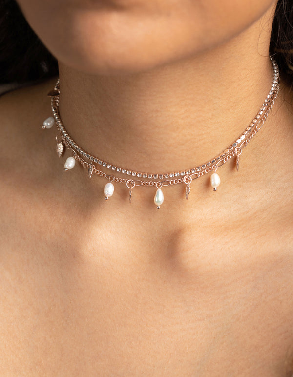 Rose Gold Pearl & Leaf Choker Pack