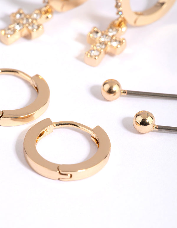 Gold Plain & Diamante Cross Earring Pack