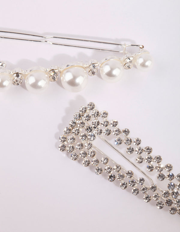 Silver Diamante & Pearl Clip Set