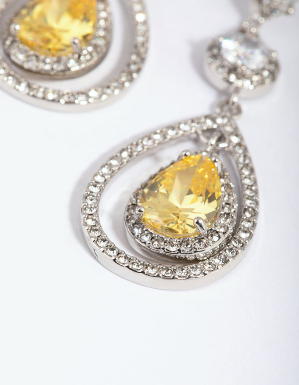 Rhodium Yellow Diamond Simulant Teardrop Earrings