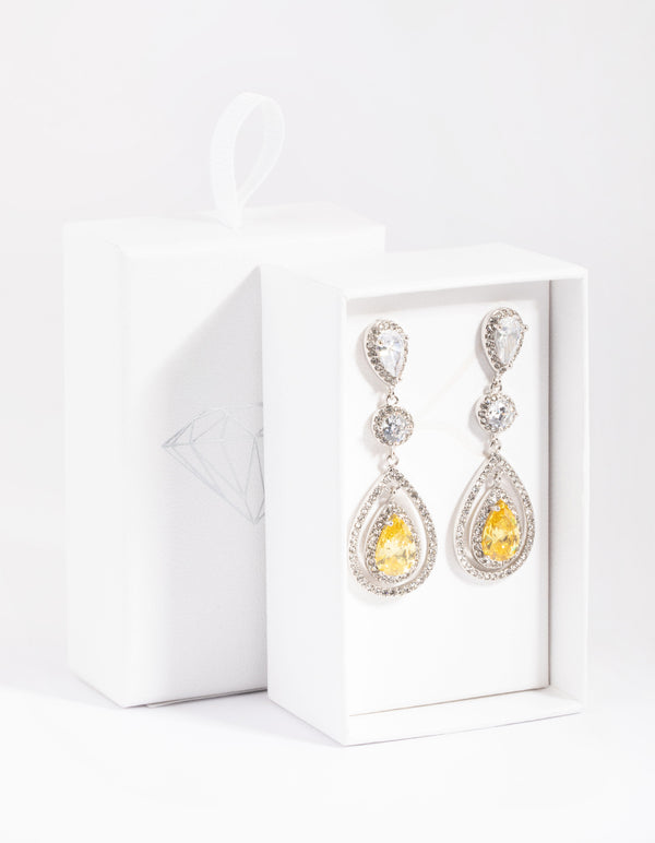 Rhodium Yellow Diamond Simulant Teardrop Earrings