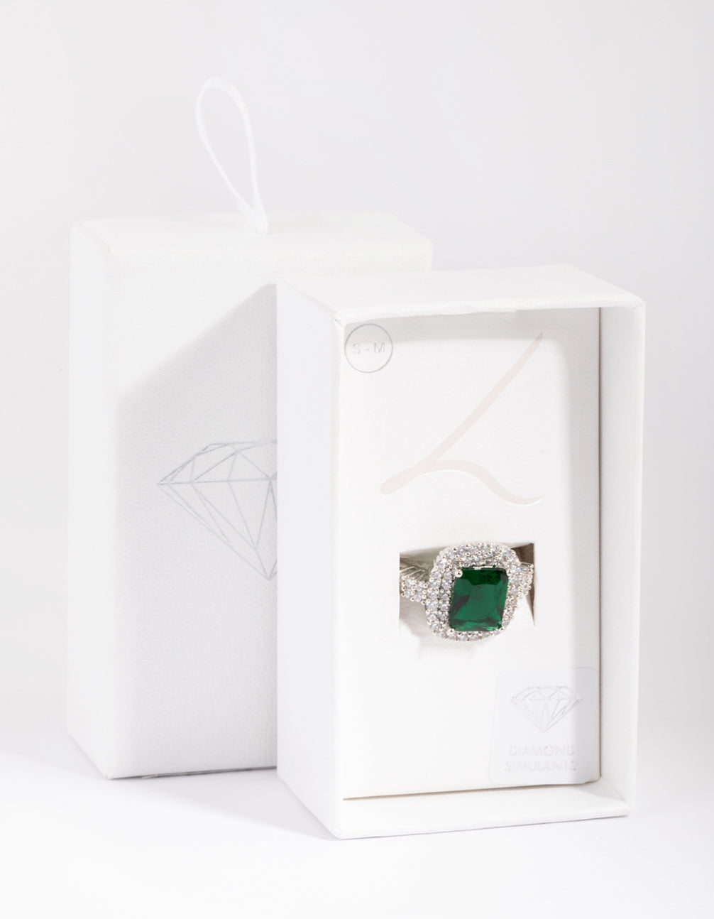 Silver Emerald Diamond Simulant Square Ring
