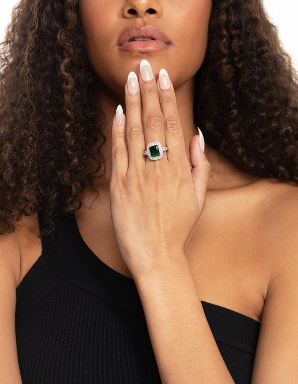 Silver Emerald Diamond Simulant Square Ring