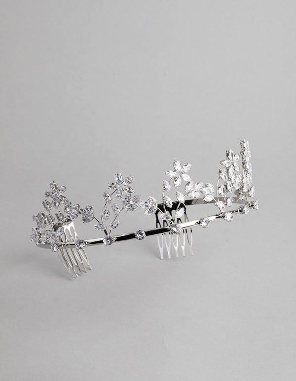 Rhodium Cubic Zirconia Draped Flower Tiara