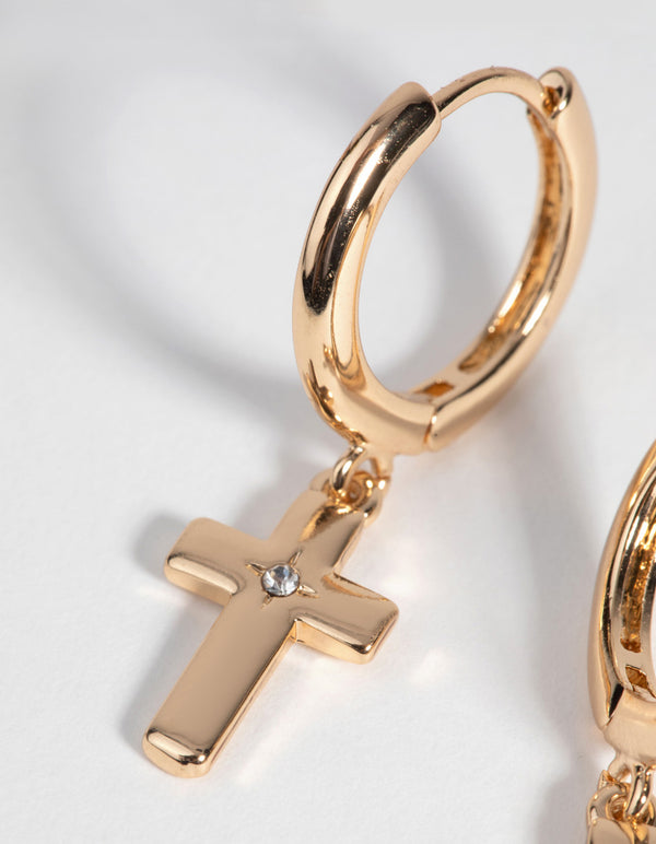 Gold Diamante Cross Huggie Hoop Earrings