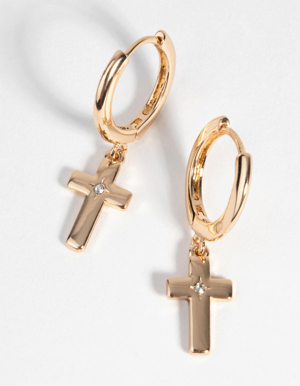 Gold Diamante Cross Huggie Hoop Earrings