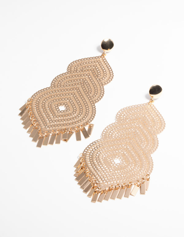 Gold Patterned Teardrop Earrings
