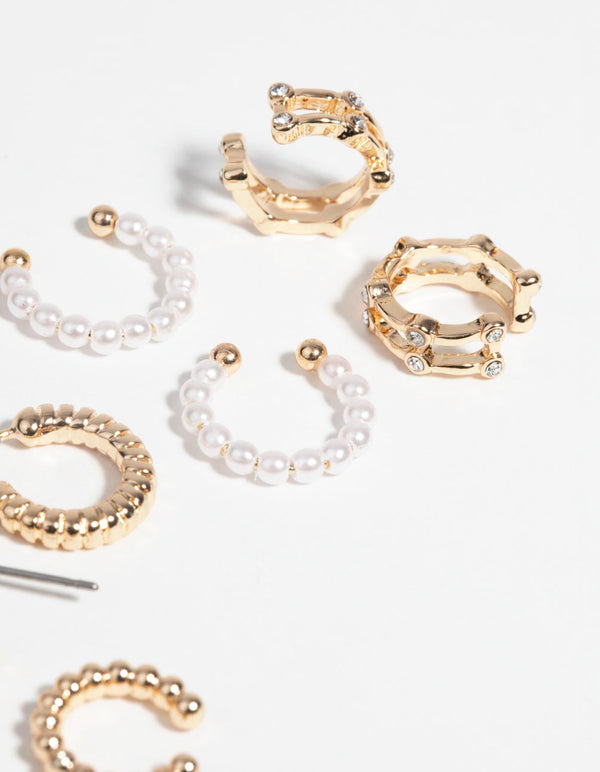 Gold Pearl & Twist Cuff Earring 4-Pack