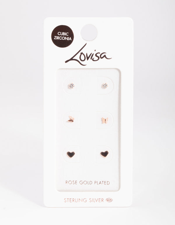 Rose Gold Plated Sterling Silver Heart & Butterfly Stud Earring Pack