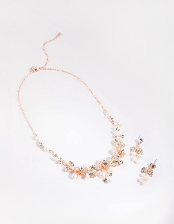Rose Gold Diamante & Pearl Necklace