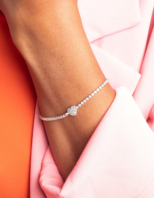 Rhodium Pave Diamante Heart Bracelet