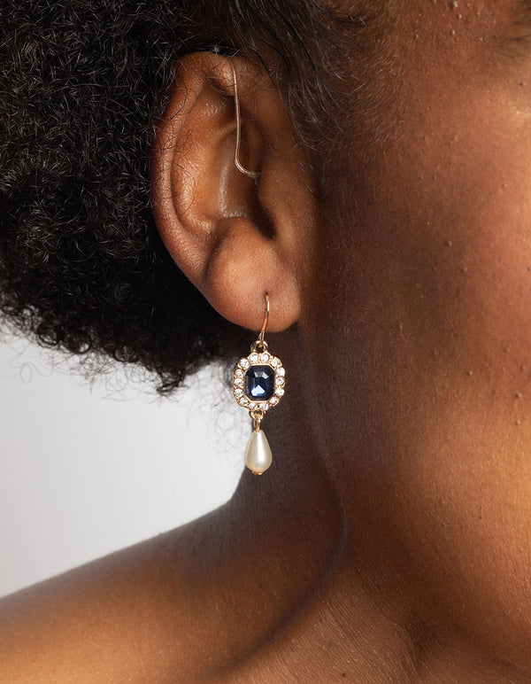 Gold Diamante & Pearl Drop Earrings