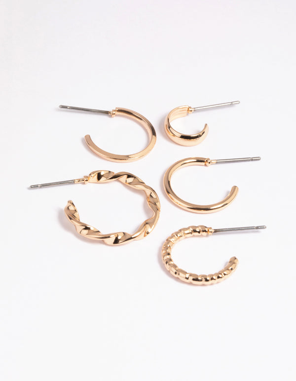 Gold Smooth & Twisted Stacking Earrings