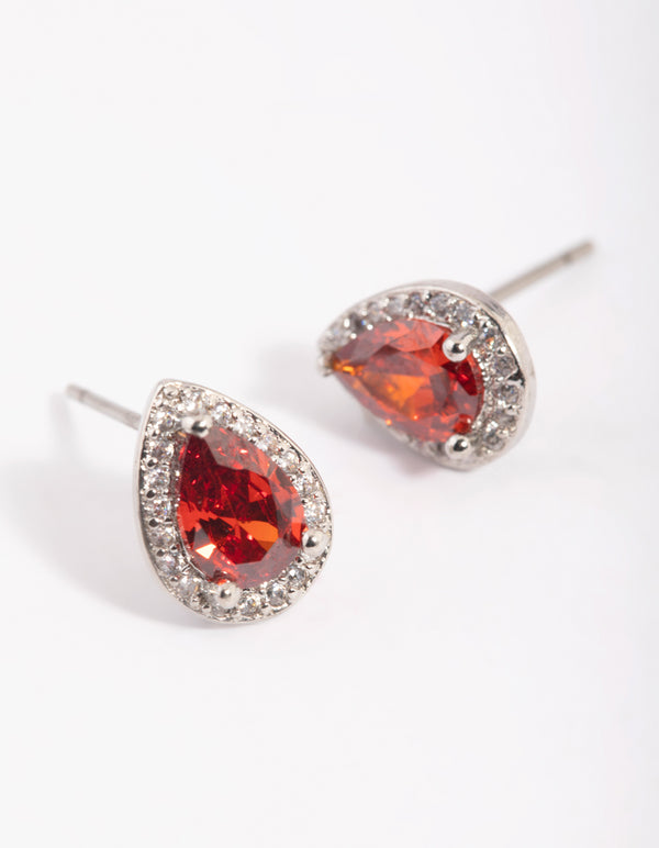 Red Cubic Zirconia Pear Halo Stud Earrings