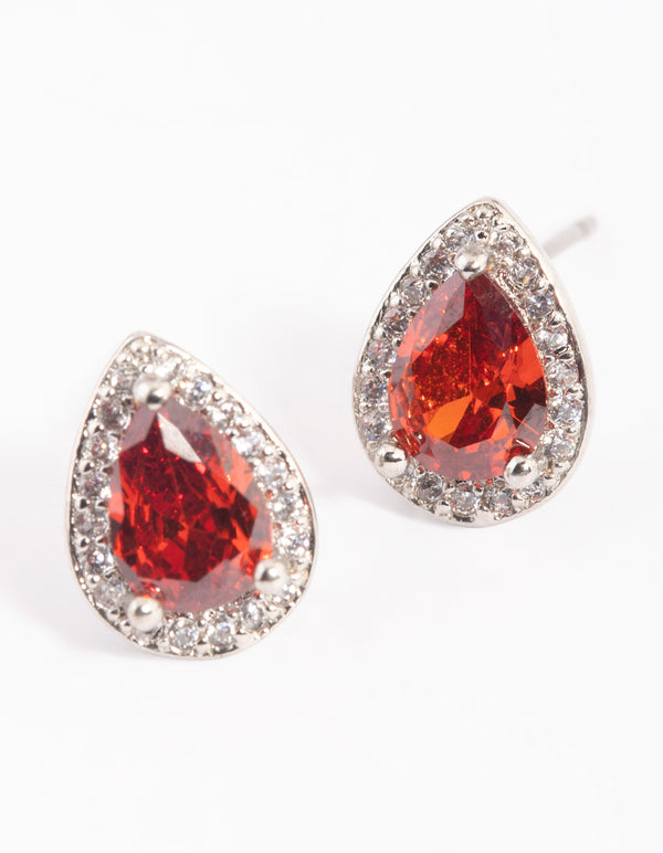 Red Cubic Zirconia Pear Halo Stud Earrings