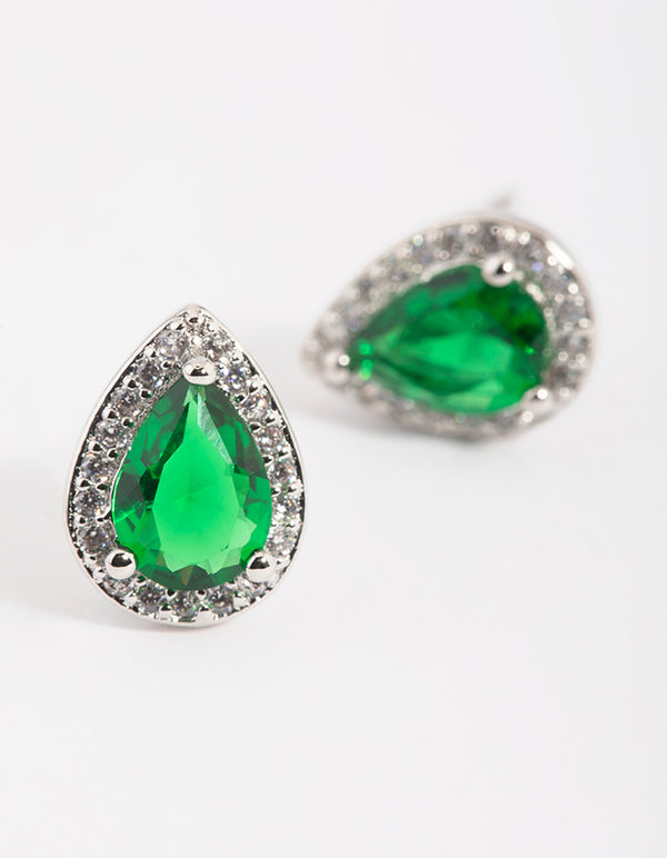 Green Cubic Zirconia Pear Halo Stud Earrings