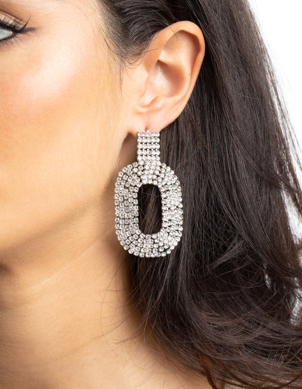 Silver Oval Diamante Drop Earrings