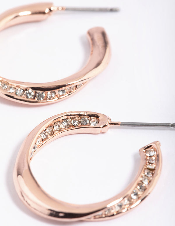 Rose Gold Diamante Twisted Hoop Earrings