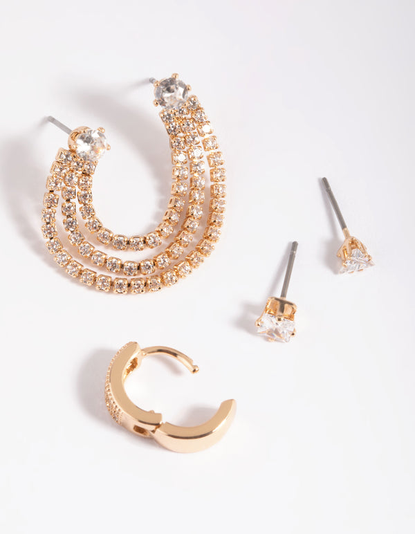 Gold Cubic Zirconia Stud Earring 5-Pack