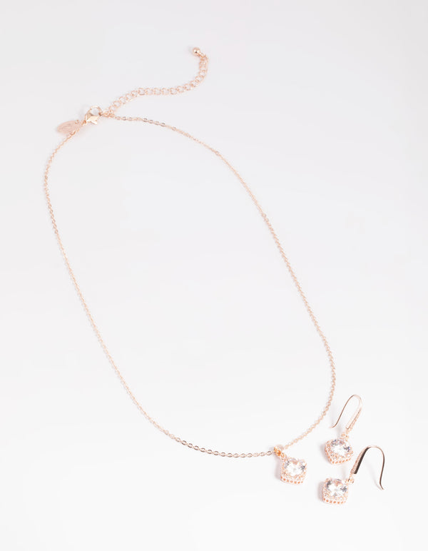 Rose Gold Cubic Zirconia Cushion Necklace & Earrings Set