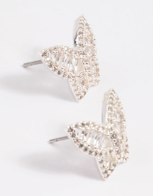 Rhodium Diamond Simulant Small Butterfly Stud Earrings
