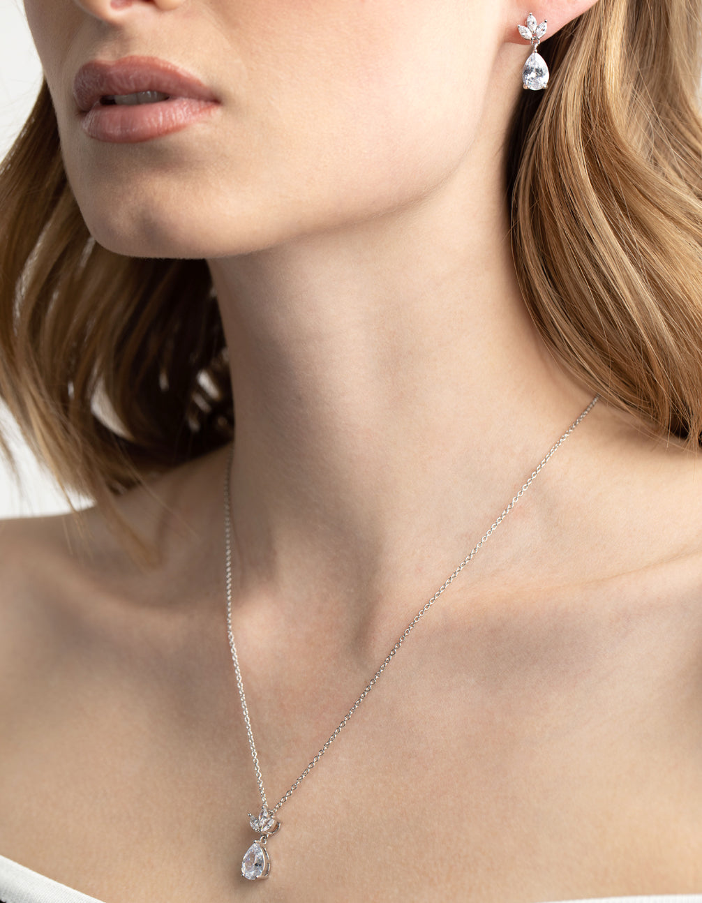 Silver Diamond Simulant Marquise Necklace & Earrings Set