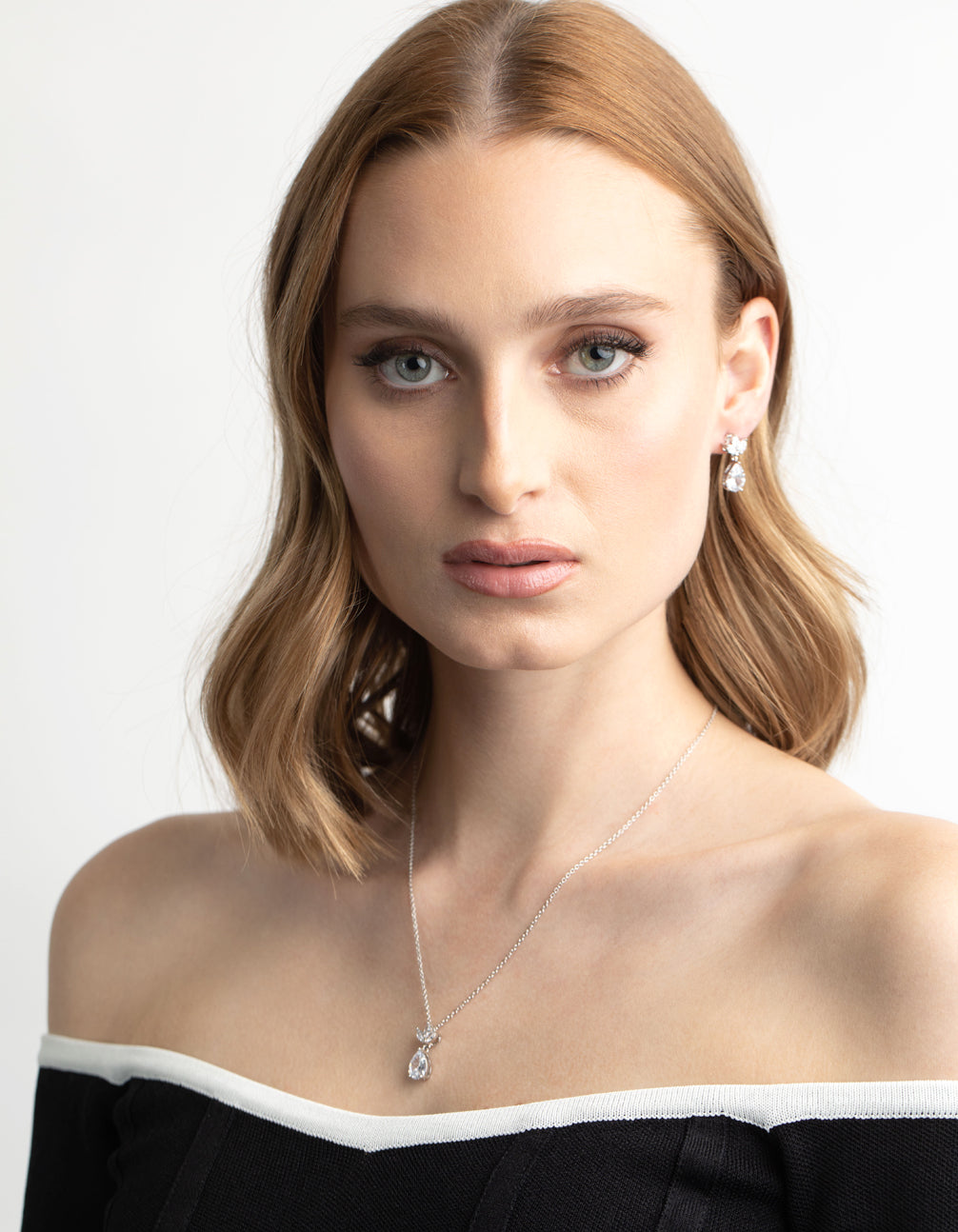 Silver Diamond Simulant Marquise Necklace & Earrings Set