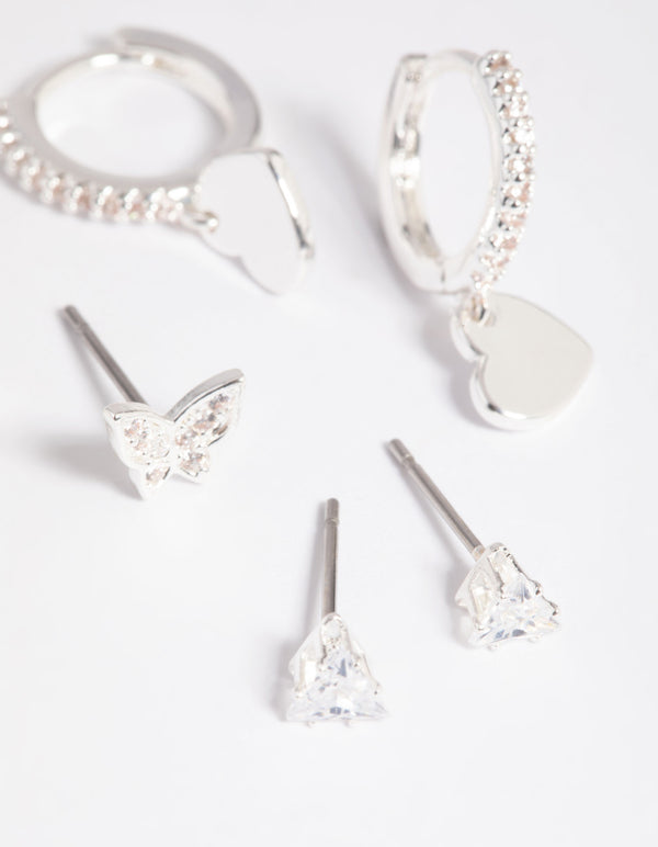 Silver Plated Brass Butterfly & Heart Earring Stack 6-Pack