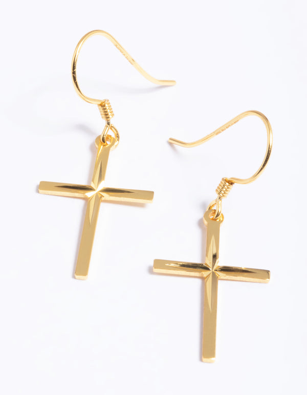 Gold Plated Sterling Silver Molten Cross Drop Earrings