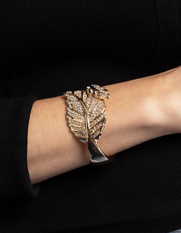Gold Diamante Leaf Hinge Cuff Bracelet