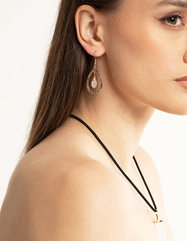 Gold Rose Quartz Small Double Teardrop Earrings