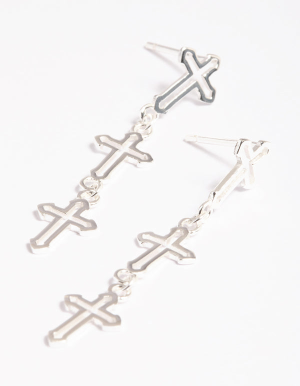 Gold Plated Sterling Silver Triple Cross Drop Earrings