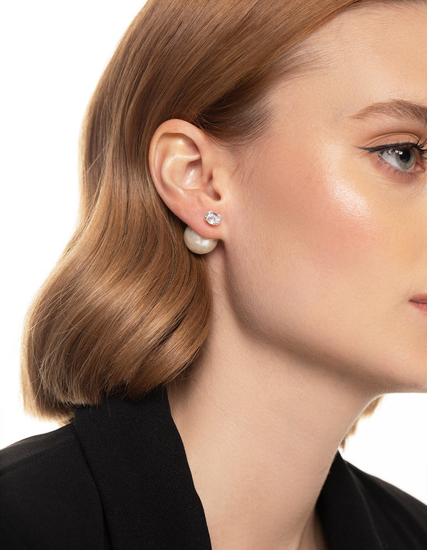 Sterling Silver Cubic Zirconia Pearl Sandwich Stud Earrings