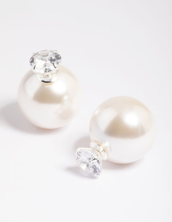 Sterling Silver Cubic Zirconia Pearl Sandwich Stud Earrings