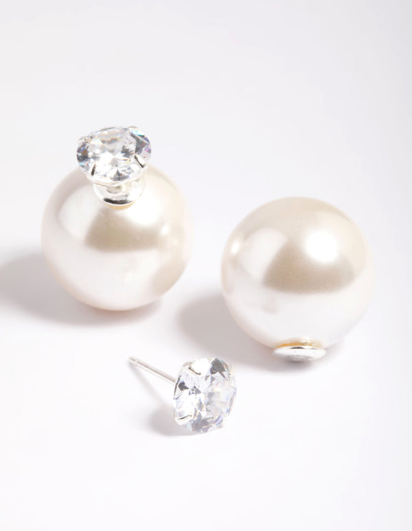 Sterling Silver Cubic Zirconia Pearl Sandwich Stud Earrings