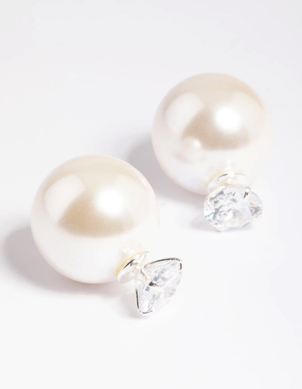 Sterling Silver Cubic Zirconia Pearl Sandwich Stud Earrings