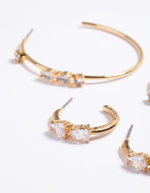 Gold Plated Cubic Zirconia Teardrop 2 Size Hoop Earrings
