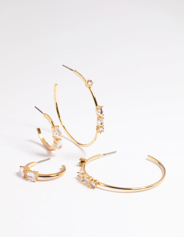 Gold Plated Cubic Zirconia Teardrop 2 Size Hoop Earrings