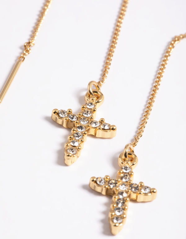 Gold Plated Cubic Zirconia Cross Thread Earrings