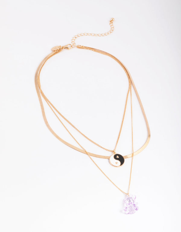 Gold Cute Bear & Yin Yang Necklace